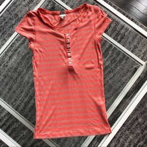 Free People Coral Striped Short Sleeve Tee